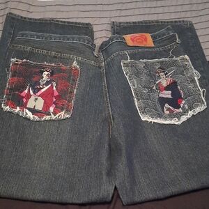 Men's Dark Blue Bootcut Jeans with Embroidered Patch Pockets